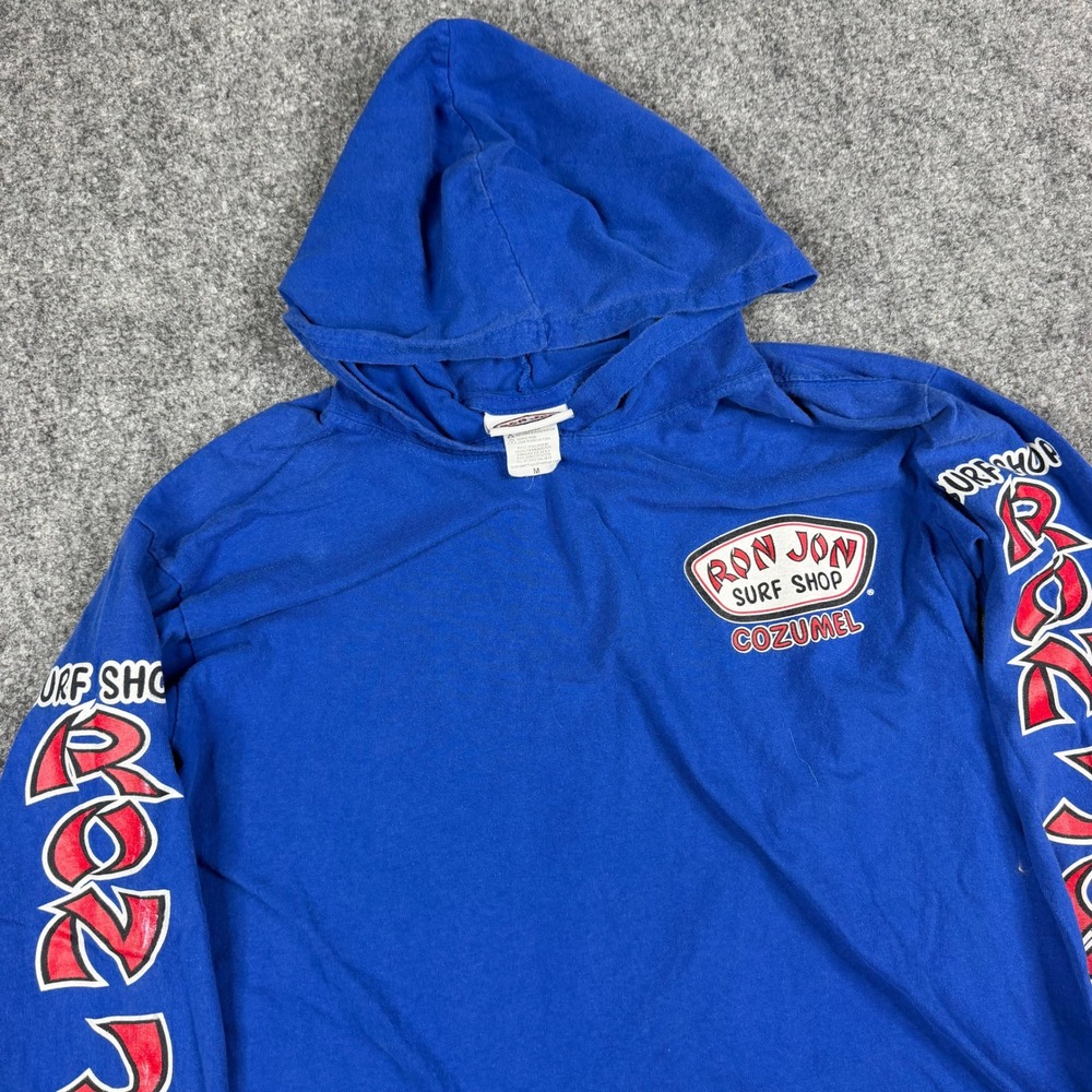Vtg Y2K Ron Jon Surf Shop Hoodie Tee Mens Medium Blue Cozumel Long Sleeve